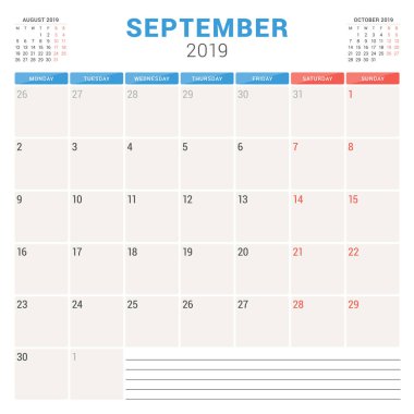 Eylül 2019 için takvim planlayıcısı. Hafta Pazartesi günü başlar. Yazdırılabilir vektör ileti örneği tasarım şablonu