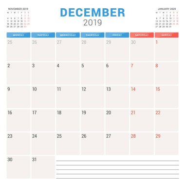 Aralık 2019 için takvim planlayıcısı. Hafta Pazartesi günü başlar. Yazdırılabilir vektör ileti örneği tasarım şablonu