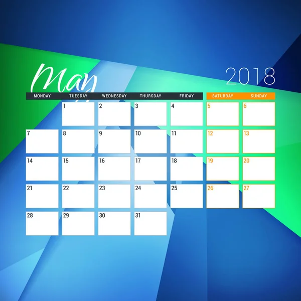 Mai 2018. Modèle de conception de planificateur de calendrier avec fond abstrait. La semaine commence le lundi — Image vectorielle