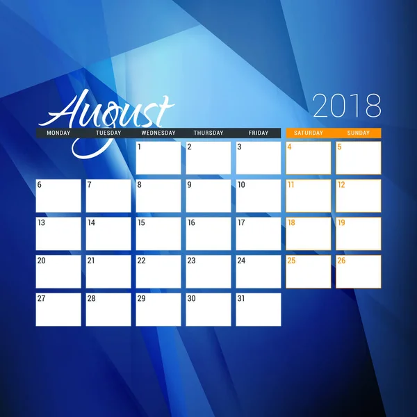 Agosto de 2018. Modelo de design de planejador de calendário com fundo abstrato. Semana começa na segunda — Vetor de Stock