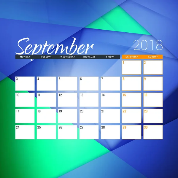 Septembre 2018. Modèle de conception de planificateur de calendrier avec fond abstrait. La semaine commence le lundi — Image vectorielle