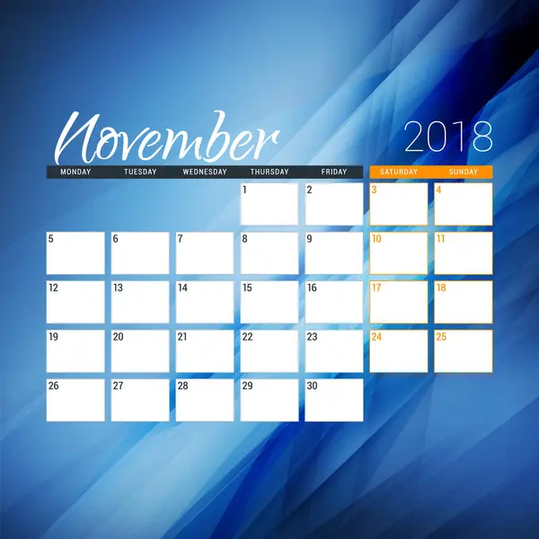 November 2018. Calendar planner design template with abstract background. Week starts on Monday — Stock Vector