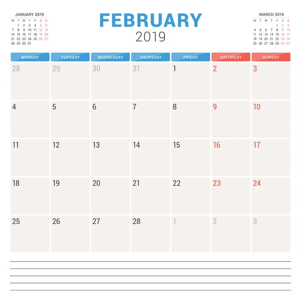 Ημερολόγιο για το σχεδιασμό για Φεβρουαρίου 2019. Εβδομάδα ξεκινά τη Δευτέρα. Πρότυπο σχεδίασης επιστολόχαρτου εκτυπώσιμη διάνυσμα — Διανυσματικό Αρχείο