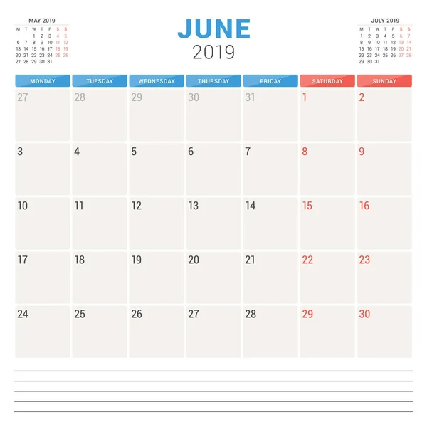 Planificador de calendario para junio de 2019. La semana comienza el lunes. Plantilla de diseño de papelería vectorial imprimible — Archivo Imágenes Vectoriales