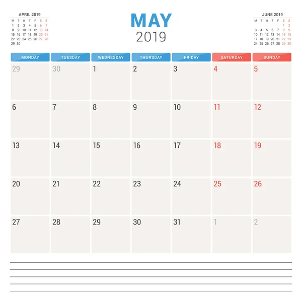 Planificador de calendario para mayo de 2019. La semana comienza el lunes. Plantilla de diseño de papelería vectorial imprimible — Archivo Imágenes Vectoriales
