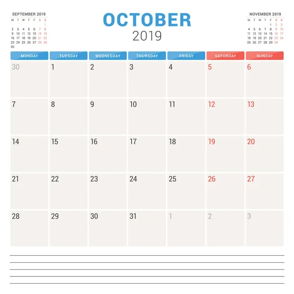 Планувальник календаря на жовтень 2019 року. Тиждень починається в понеділок. Друк векторного шаблону дизайну канцелярських приладів — стоковий вектор