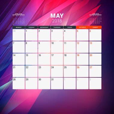 Mayıs 2018. Takvim planlayıcısı tasarım şablonu arka plan ile. Hafta Pazartesi günü başlar