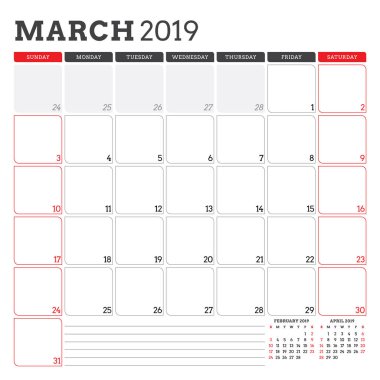Mart 2019 için takvim planlayıcısı. Hafta Pazar günü başlar. Yazdırılabilir vektör ileti örneği tasarım şablonu