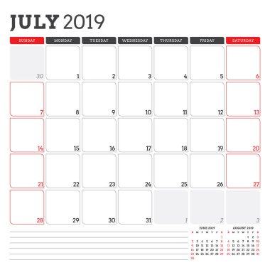Takvim planlayıcısı için Temmuz 2019. Hafta Pazar günü başlar. Yazdırılabilir vektör ileti örneği tasarım şablonu