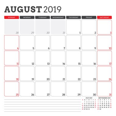Ağustos 2019 için takvim planlayıcısı. Hafta Pazar günü başlar. Yazdırılabilir vektör ileti örneği tasarım şablonu