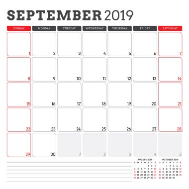 Eylül 2019 için takvim planlayıcısı. Hafta Pazar günü başlar. Yazdırılabilir vektör ileti örneği tasarım şablonu