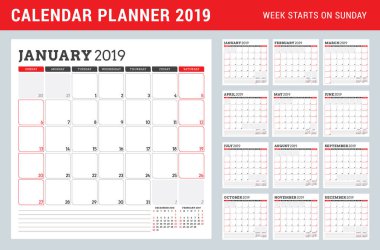 2019 yıl için takvim planlayıcısı. Hafta Pazar günü başlar. 12 ay kümesi. Yazdırılabilir vektör ileti örneği tasarım şablonu