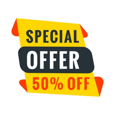 Satılık bunner şablonu. Terfin için vektör tasarım öğesi. Kırmızı, sarı ve mavi renk teması. Yuvarlak konuşma balonu