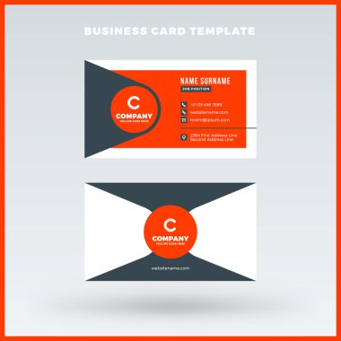 Yaratıcı ve temiz çift taraflı kartvizit vektör şablonu. Kırmızı ve siyah renk teması. Düz tasarım vektör mockup. İleti örneği tasarım