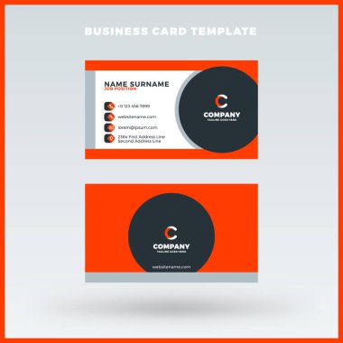 Yaratıcı ve temiz çift taraflı kartvizit vektör şablonu. Kırmızı ve siyah renk teması. Düz tasarım vektör mockup. İleti örneği tasarım