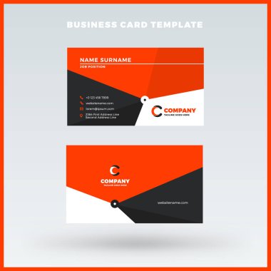 Yaratıcı ve temiz çift taraflı kartvizit vektör şablonu. Kırmızı ve siyah renk teması. Düz tasarım vektör mockup. İleti örneği tasarım