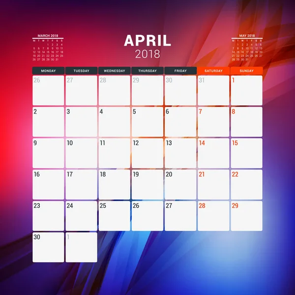 April 2018. Kalender planner ontwerpsjabloon met abstracte achtergrond. Week begint op maandag — Stockvector