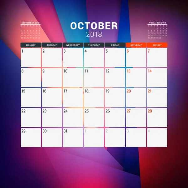 Octubre de 2018. Plantilla de diseño de planificador de calendario con fondo abstracto. La semana comienza el lunes — Vector de stock