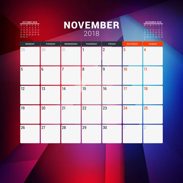 Novembre 2018. Modèle de conception de planificateur de calendrier avec fond abstrait. La semaine commence le lundi — Image vectorielle