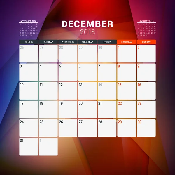 Diciembre de 2018. Plantilla de diseño de planificador de calendario con fondo abstracto. La semana comienza el lunes — Vector de stock