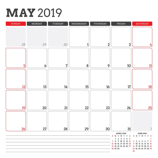 Planejador do calendário para maio de 2019. A semana começa no domingo. Modelo de design de papelaria vetorial imprimível — Vetor de Stock