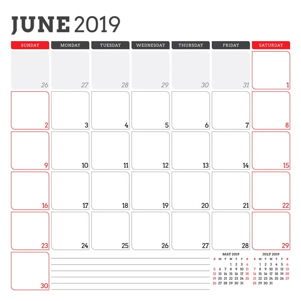 Planificador de calendario para junio de 2019. La semana comienza el domingo. Plantilla de diseño de papelería vectorial imprimible — Archivo Imágenes Vectoriales
