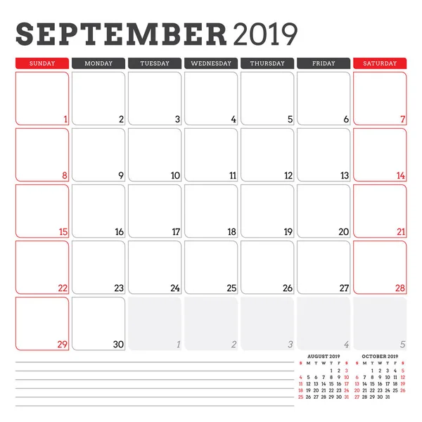 Planejador do calendário para setembro de 2019. A semana começa no domingo. Modelo de design de papelaria vetorial imprimível —  Vetores de Stock