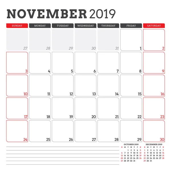 Planificador de calendario para noviembre de 2019. La semana comienza el domingo. Plantilla de diseño de papelería vectorial imprimible — Vector de stock