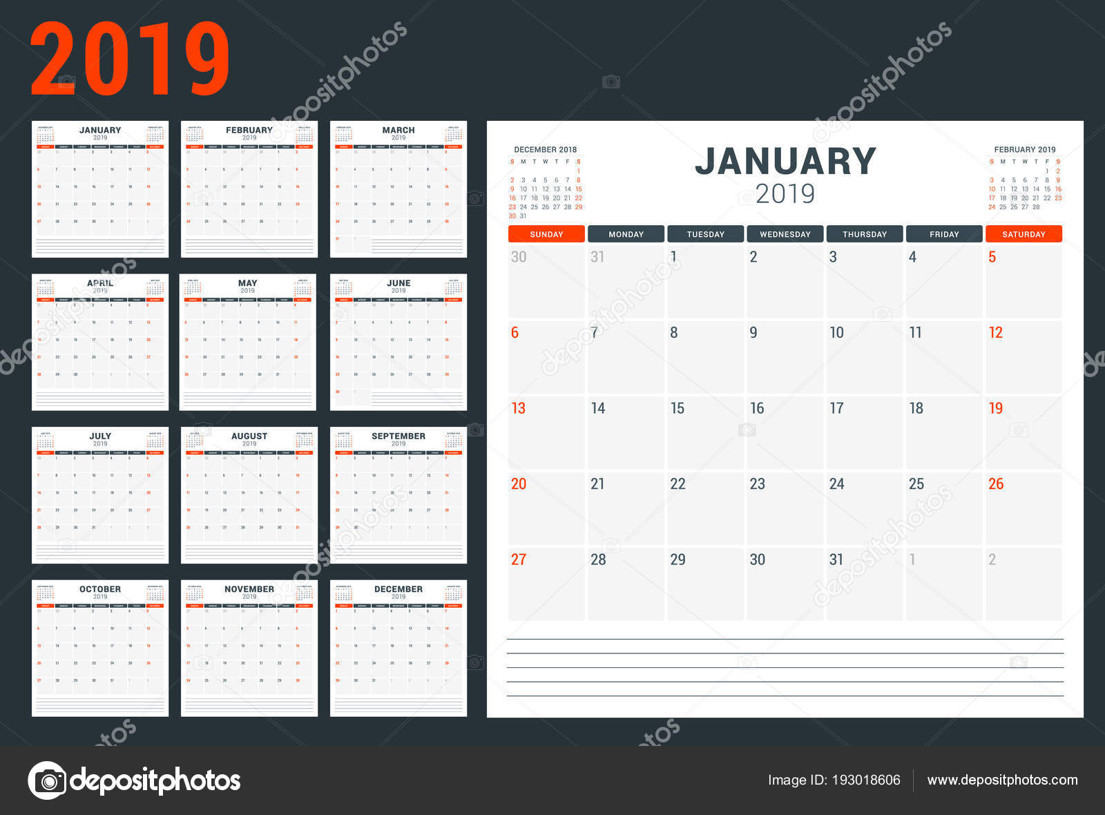 Planificador de calendario para el año 2019. La semana ... Planificador de calendario para el año 2019. La semana ...