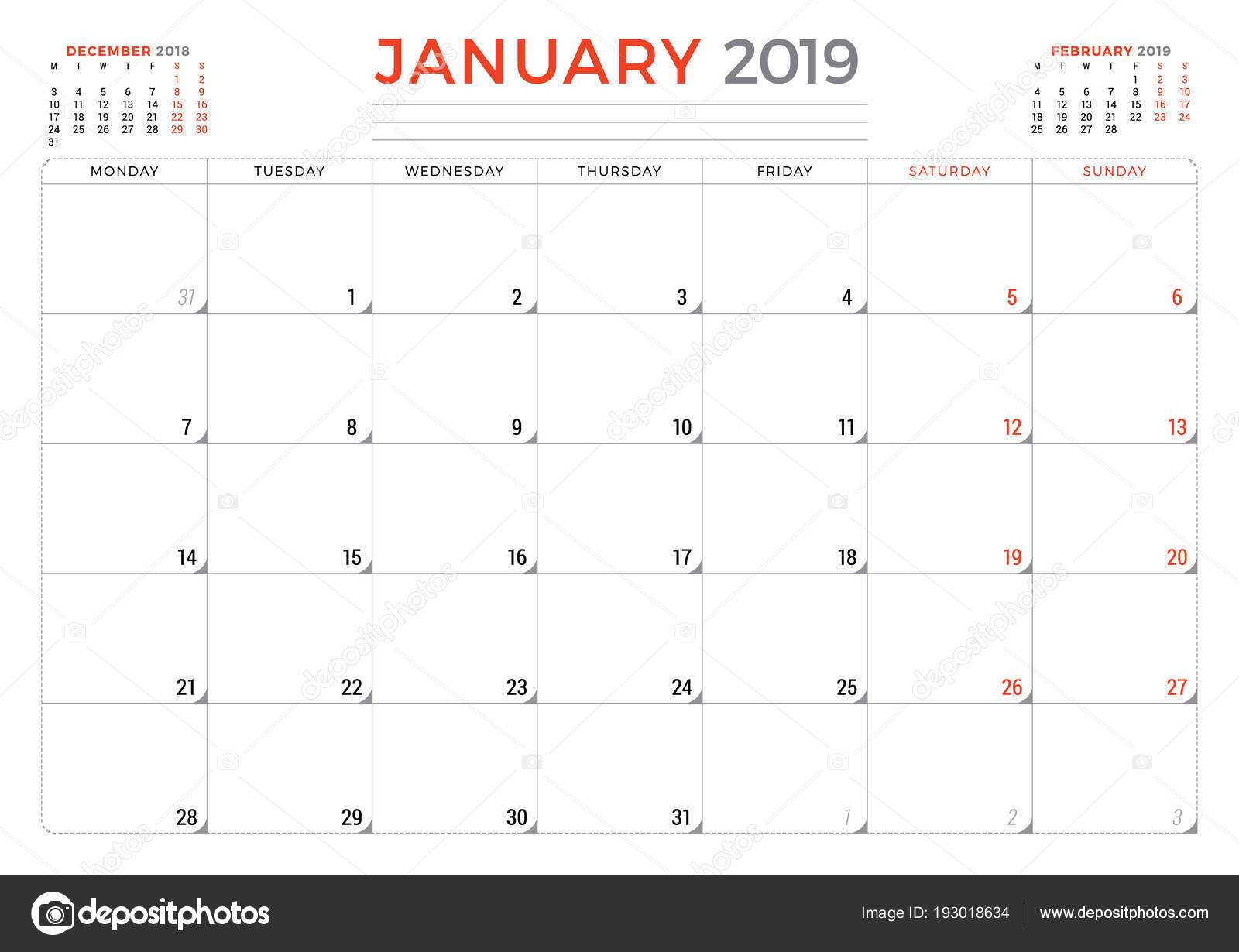 Januari 2019. Kalender planner briefpapier ontwerpsjabloon ...