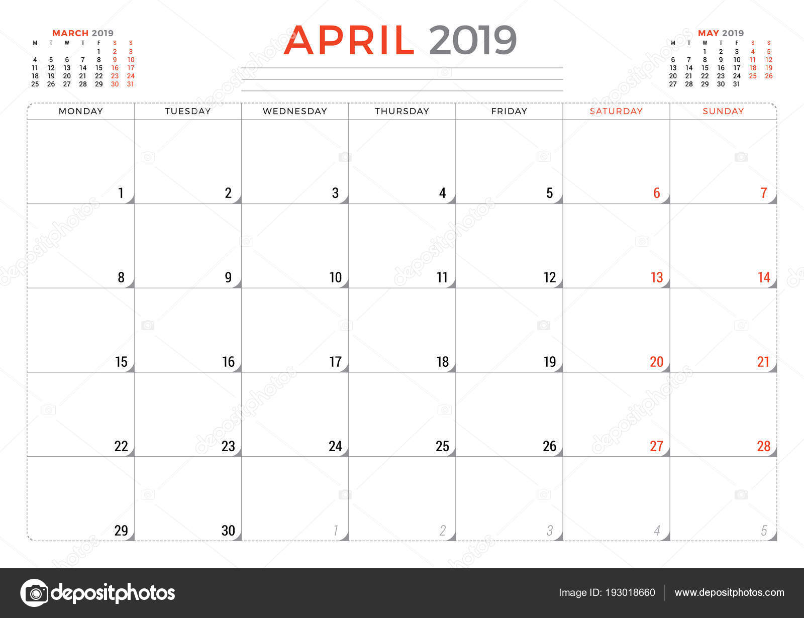 april 2019 calendar planner stationery design template vector april 2019 template