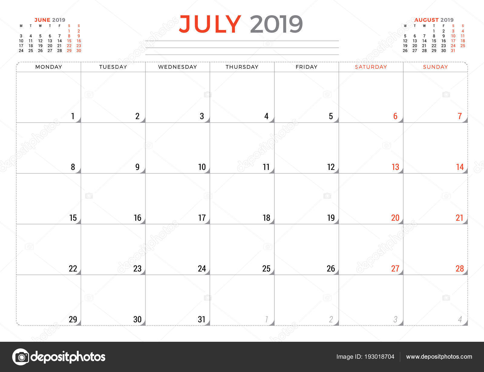 July 2019. Calendar planner stationery design template. Vector ...