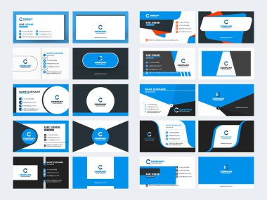 Çift taraflı kartvizit şablonları. Mavi renk teması. İleti örneği tasarım vektör kümesi. Vektör çizim