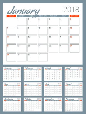 2018 yıl için takvim planlayıcısı. Hafta Pazar günü başlar. Vektör tasarım yazdırma şablonu