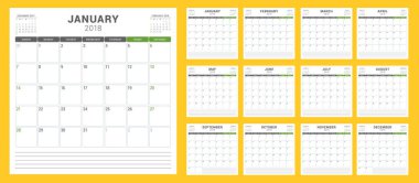 2018 yıl için takvim planlayıcısı. Hafta Pazar günü başlar. Vektör tasarım yazdırma şablonu