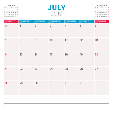Takvim planlayıcısı için Temmuz 2019. Hafta Pazar günü başlar. Yazdırılabilir vektör ileti örneği tasarım şablonu