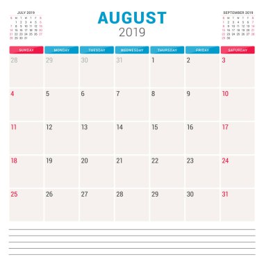 Ağustos 2019 için takvim planlayıcısı. Hafta Pazar günü başlar. Yazdırılabilir vektör ileti örneği tasarım şablonu