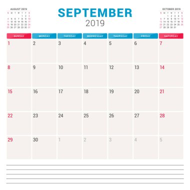 Eylül 2019 için takvim planlayıcısı. Hafta Pazar günü başlar. Yazdırılabilir vektör ileti örneği tasarım şablonu