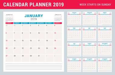 2019 yıl için takvim planlayıcısı. Hafta Pazar günü başlar. Yazdırılabilir vektör ileti örneği tasarım şablonu