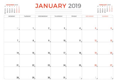Ocak 2019. Takvim planlayıcısı ileti örneği tasarım şablonu. Vektör çizim