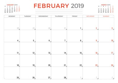 Şubat 2019. Takvim planlayıcısı ileti örneği tasarım şablonu. Vektör çizim
