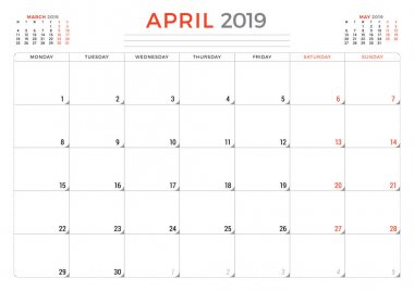 Nisan 2019. Takvim planlayıcısı ileti örneği tasarım şablonu. Vektör çizim