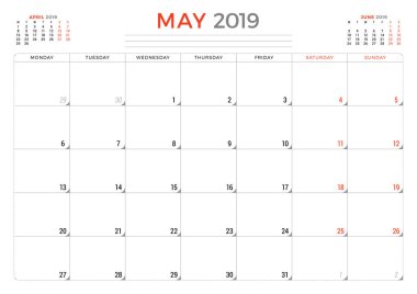 Mayıs 2019. Takvim planlayıcısı ileti örneği tasarım şablonu. Vektör çizim