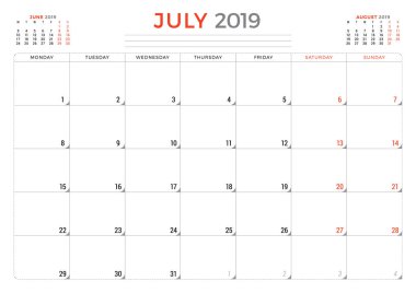 Temmuz 2019. Takvim planlayıcısı ileti örneği tasarım şablonu. Vektör çizim