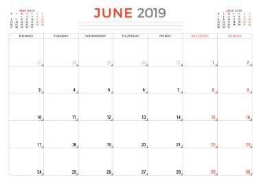 Haziran 2019. Takvim planlayıcısı ileti örneği tasarım şablonu. Vektör çizim