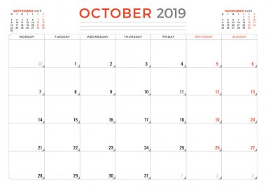 Ekim 2019. Takvim planlayıcısı ileti örneği tasarım şablonu. Vektör çizim