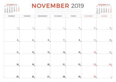 Kasım 2019. Takvim planlayıcısı ileti örneği tasarım şablonu. Vektör çizim