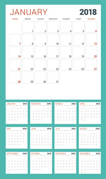 Kalenderplaner für 2018 Jahr. Die Woche beginnt am Sonntag. Vektor Design Druckvorlage — Stockvektor