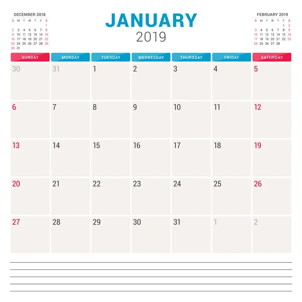 Планировщик календаря на январь 2019 года. Неделя начинается в воскресенье. Шаблон для печати векторных канцелярских товаров — стоковый вектор