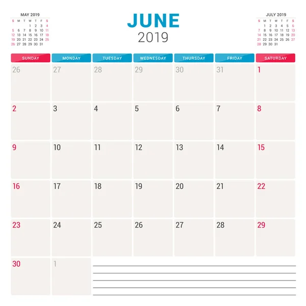 Planificador de calendario para junio de 2019. La semana comienza el domingo. Plantilla de diseño de papelería vectorial imprimible — Archivo Imágenes Vectoriales